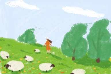 夏日阳光下走在羊群中的女孩