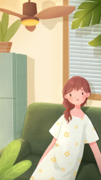 卡通女孩夏天室内风扇居家生活插画海报