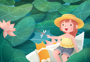 荷花丛中女孩和狗坐船夏天小暑大暑插画海报