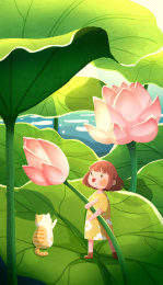 夏天女孩和猫荷花荷叶卡通手绘插画海报