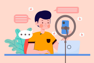 正在手机直播的男孩矢量插画