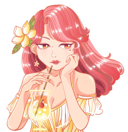 线稿风手绘夏日冷饮少女