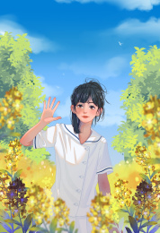 清新夏日站在花海里的小女孩