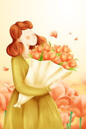 抱着郁金香花束的女人在花海插画
