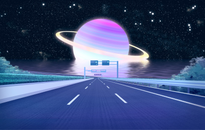 公路的前方是遗落的发光星球超现实插画