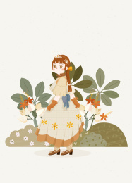 花朵灌木中穿裙子的洛丽塔女孩复古矢量插画