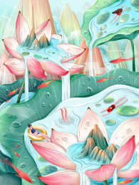 人在荷花荷叶上游泳嬉戏