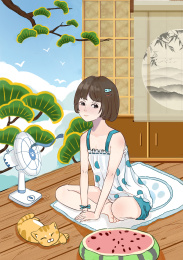 夏天室内吹风扇乘凉的女孩