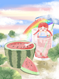 小清新水彩夏天西瓜果汁女孩