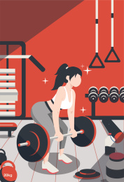 在健身房练器材深蹲的女子，扁平风插画海报