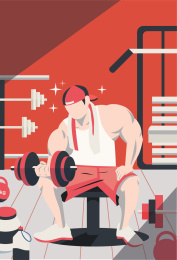 在健身房练哑铃力量的男子，扁平风插画海报