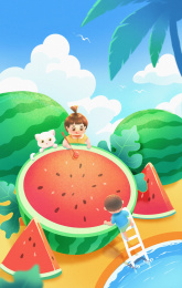 夏天蓝天西瓜孩童