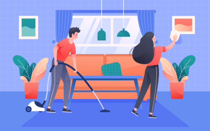 劳动节家庭做家务扫地吸尘大扫除矢量插画