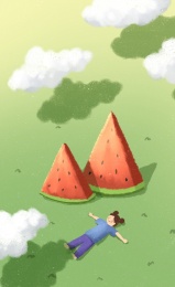 在草原上的小孩和西瓜插画