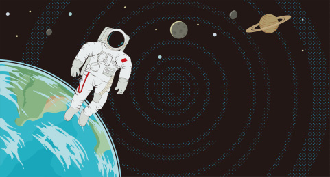 科幻题材航天员太空漫步看地球矢量插画