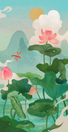 夏日节气大暑小暑荷花荷叶复古插画