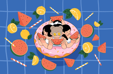  泳池里四个吃西瓜的女孩