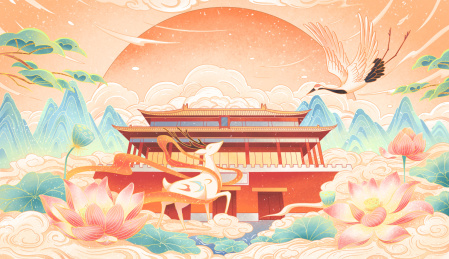 中国风仙鹤九色鹿插画