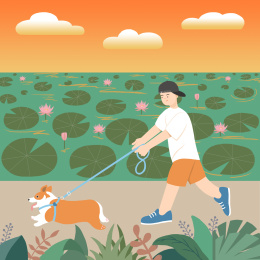 户外遛狗男孩插画海报