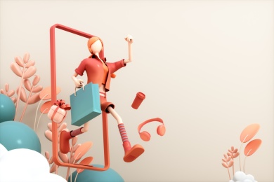 3D渲染的旅游概念的卡通女孩