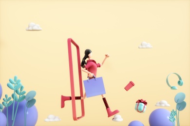 3D渲染的旅游概念的卡通女孩