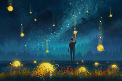 男人伸手接住空中掉落的星球超现实插画