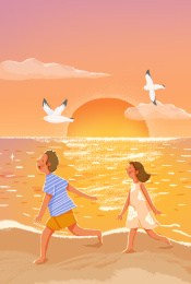 两个小孩在海边玩耍