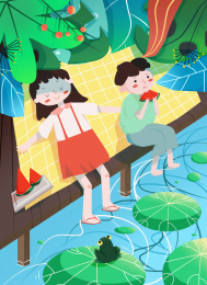 夏天男孩女孩在池塘边吃西瓜