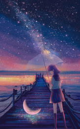 少女在星空下望向月亮