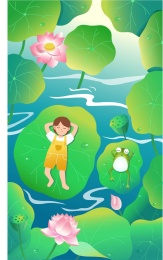 节气荷塘女孩和青蛙矢量插画海报
