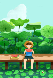 坐在荷叶下乘凉吃西瓜