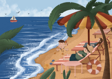 一家人在海边玩耍