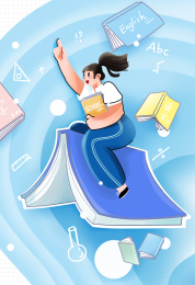 穿校服小女孩飞翔在知识书本的海洋清新插画