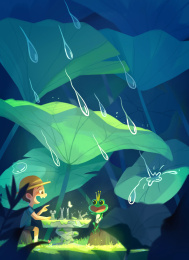 一个男孩和青蛙坐在荷叶下