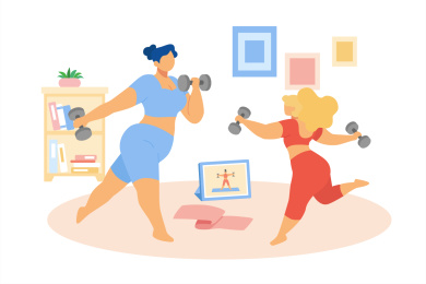 女孩们居家观看运动教学影片塑身卡通插图