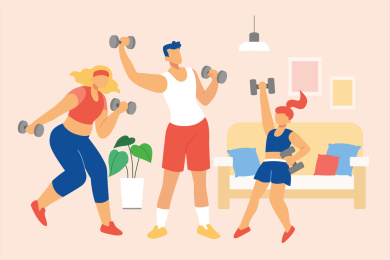 男女居家动感健身重训活泼卡通插图