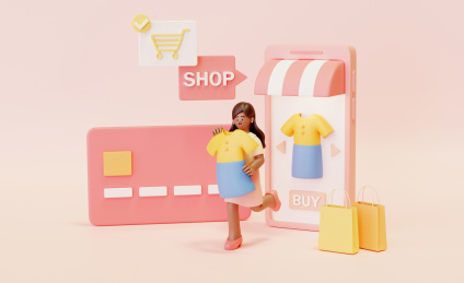 柔美粉色卡通女性人物服装电商购物三维图