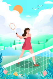 户外网球运动健身减肥女性的矢量插画