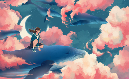 乘着鲸鱼飞翔的少女日系插画