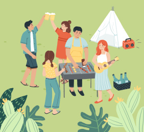 草地烧烤游玩聚会庆祝插画