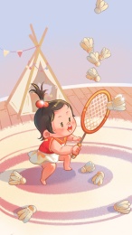穿尿不湿的女宝宝在地毯上玩羽毛球