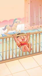 穿着尿不湿的男宝宝攀爬在安全围栏上