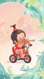 骑三轮车的女宝宝用水枪射击出浪花