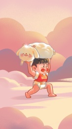 穿尿不湿的男宝宝在云中举着羊举重