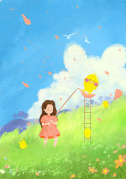 春天女孩在草地踏青