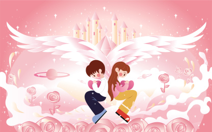 少男少女抱着爱心七夕情人节梦幻城堡插画