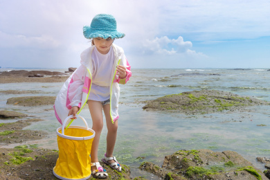 戴帽子的小女孩手提的黄色水桶在海边赶海