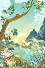 白露节气桂花树下白鹭远飞国风插画