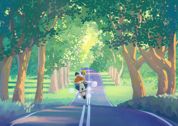 情侣在林间小道骑着摩托玩耍