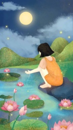 秋季处暑小女孩夜晚赏荷